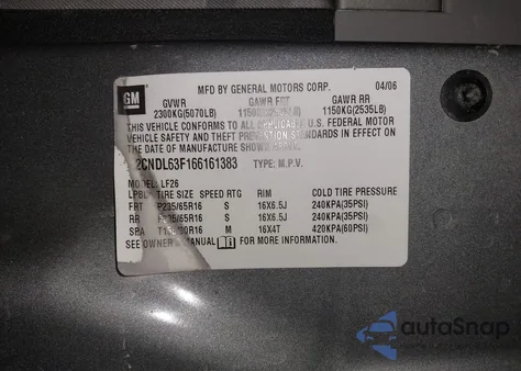 2006 Chevrolet Equinox Lt from USA, damaged, VIN 2CNDL63F166161383